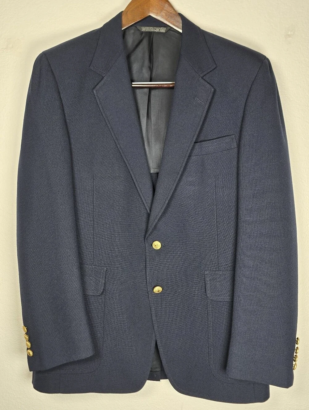 Vintage 1988 Christian Brooks Navy Blue Blazer 44R Gold Crest Buttons USA Made